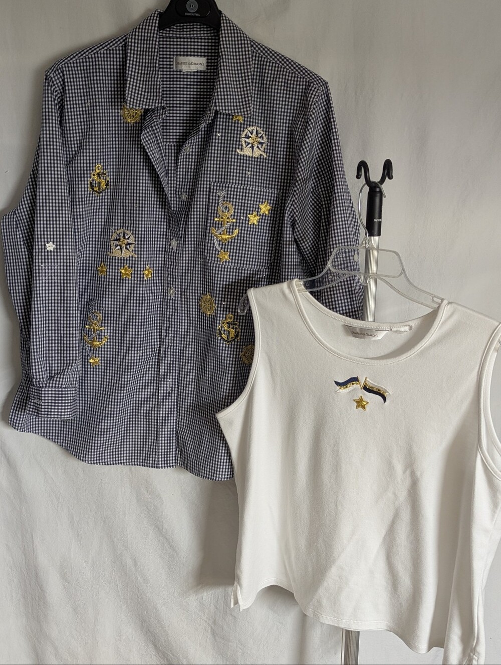Draper's&Damon's White Sleeveless Top & Navy Gingham Embellished Shirt Set XL/1X